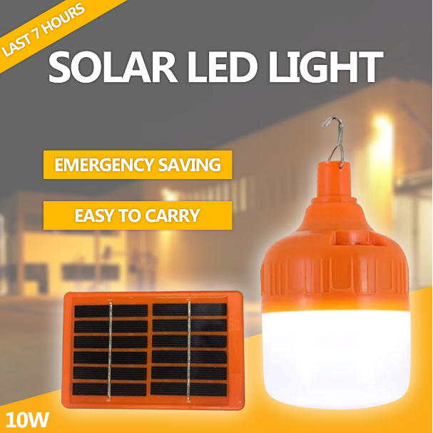 Bec LED, Incarcare Solar, Putere 10W, Exterior, 3 intensitati a luminii, Mod SOS, Luminare intermitenta, Panou Solar 6V, Buton ON/OFF, Incarcare 6 - 10 h, Culoare Portocaliu